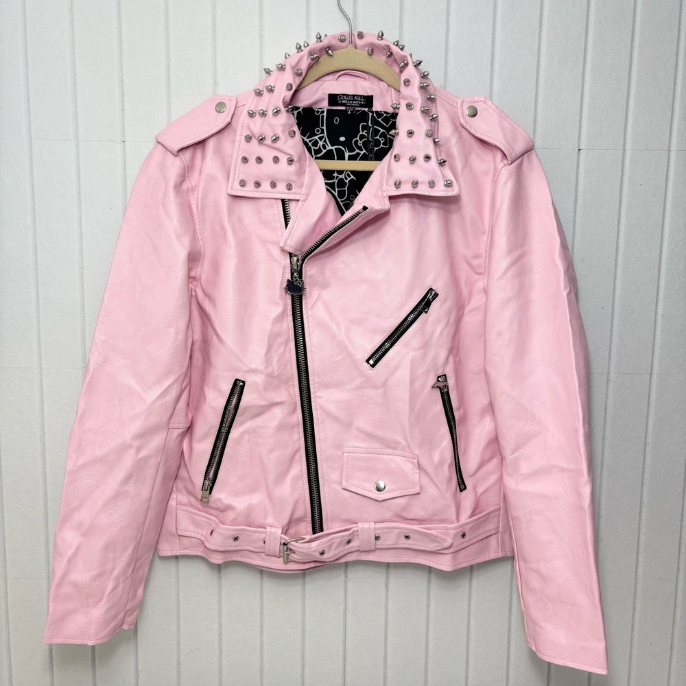 Dolls Kill X Hello Kitty Faux Leather Moto Jacket Spikes Full Lined Size L - Picture 1 of 15